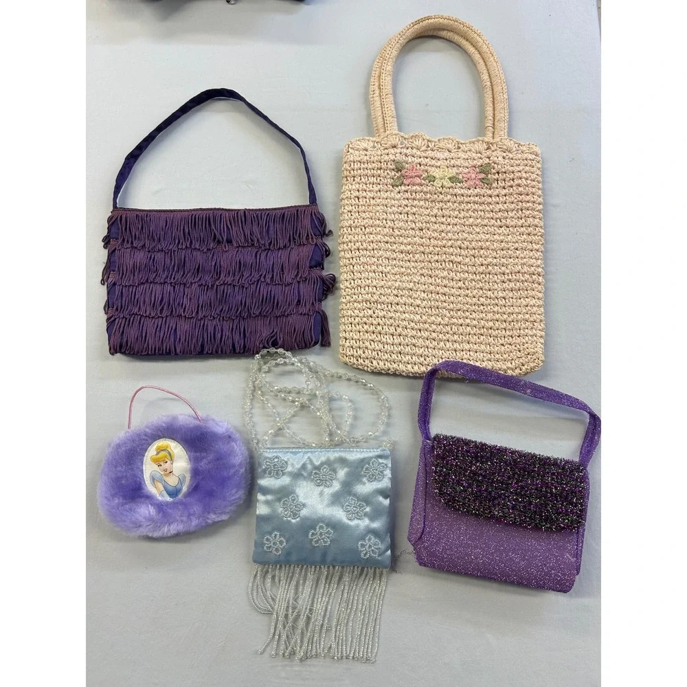 Vintage Girls Purse Lot 5pc Disney Cinderella Faux Fur Straw Woven Fringe Beaded
